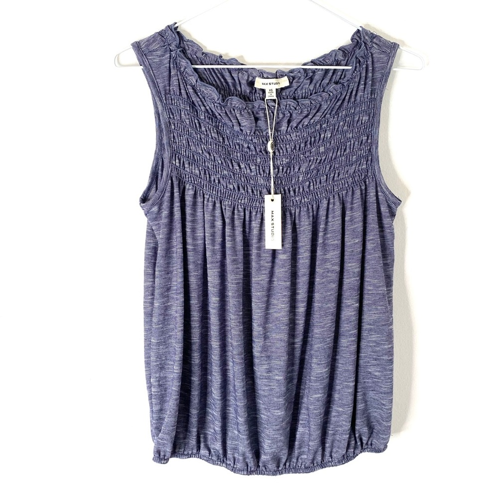 Max Studio Blue White Denim Stripe Smocked Sleeveless Top Ruffle Oversized NWT
